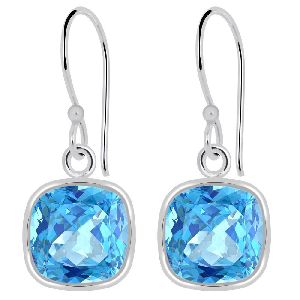 Cushion Shaped Blue Topaz Silver Dangle Earrings