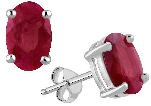 Oval Shaped Genuine Ruby Silver Stud Earrings