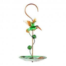 Hanging green bird with glass feeder