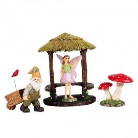 Miniature fairy garden whispers to bird, Gnome push cart , Birds, Thatch ,Mushroom Staues