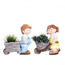 Wonderland Boy & Girl pushing Trolley with Pot, planter