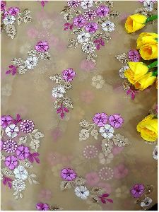 Beige georgette fabric pink white embroidery stone work, blouse skirt material