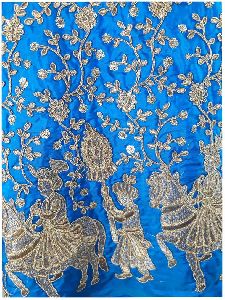 Cobalt Blue Paper Silk Fabric By Meter Gold Embroidery Dress Material