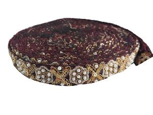 border dark maroon base gold sequins cross pearl flower lace