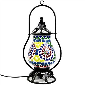 Long mosaic table and hanging lantern
