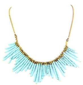 ILEYLA FASHION SHORT NECKLACE WITH DANGLING TURQUOISE BEAD STRINGS