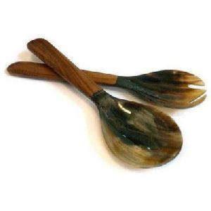 OX HORN Horn salad set SPOON WITH WOODEN HANDLE