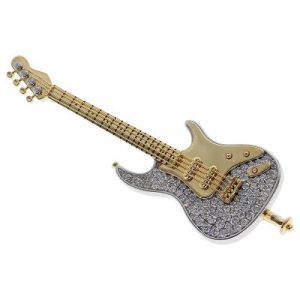 Two Tone Gold White Diamond Guitar Mens Brooch