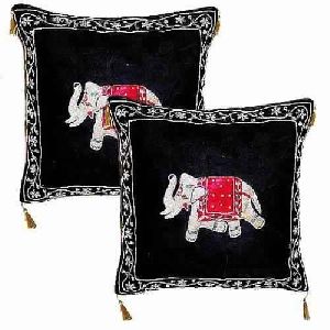 Charming Black Elephant Zardosi Velvet Cushion cover