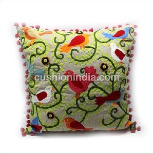 Embroidered Art Cotton Cushion Cover with Pompom