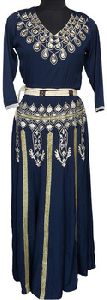 extensive Golden Embroidered abaya in blue crepe