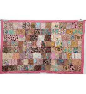 HANDMADE COTTON WALL HANGING, ETHNIC TWIN SIZE PATCHWORK TAPESTRY