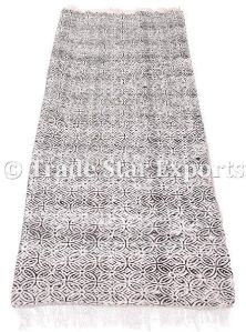 Coton Hand Loomed Block Print Durries Fringed Vintage Floor Mat