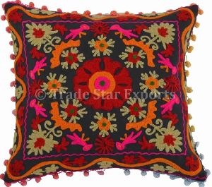 Suzani Embroidery Pillow With Pom Pom Lace