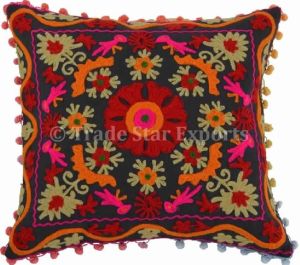 Suzani Embroidery Pillow With Pom Pom Lace