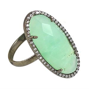 Silver Beaded Chrysoprase oval silver pave set ring