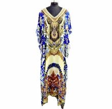 Digital printed Long Kaftan with beads around neck