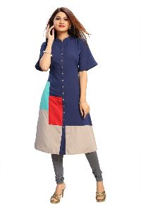 Beauteous Blue Designer Color Block Poly Crepe Long Kurti