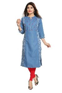 Blue Designer Printed Denim Long Kurti