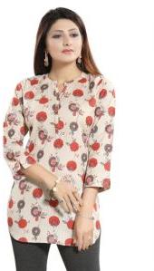 Cream Coloured Ikkat Print Cotton Short Kurti Top