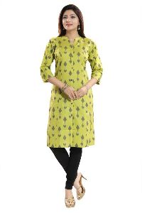 Designer Grace Green Ikkat Print Shirt-Style Long Kurta For Women