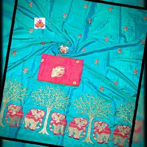 Silk fabric Embroidery Work Sarees