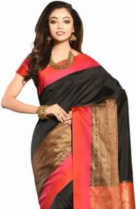 Laethnic Black Chanderi Plain Saree