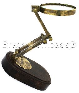 Brass Magnifying Glass on Wooden Base, Adjustable Magnifying Glass