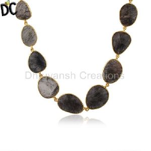 Black Rutile Beaded Gemstone Brass Fashion Necklace