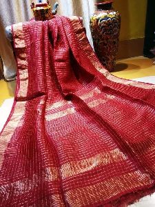 Designer Linen Mirror Work Checkered Sarees