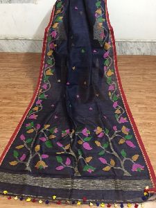 Embroidered Tussar Silk and Linen Jamdani Sarees