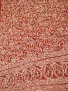 Brick Red Net Chikankari Suit with Golden Mukaish