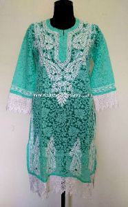 Green Brasso Chikankari Kurti with Lace