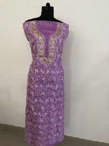 Lavender Tussar Silk Chikankari and Gota Patti Neckline Kurti Fabric