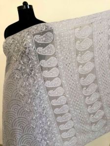 Light Grey Party Wear Chikankari Saree with Golden Mukaish