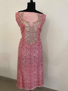 Pink Tussar Silk Chikankari and Gota Patti Neckline Kurti Fabric