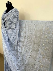 Powder Blue Party Wear Chikankari Saree with Golden Mukaish