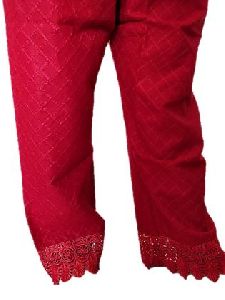 Red Palazzo Pants with Hakoba Embroidery and Designer Lace