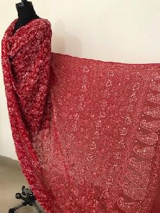Red Pure Georgette lucknowi Dupatta with Golden Mukaish