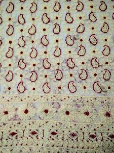 White Net Unstitched Suit with Brown and Maroon Chikankari Embroidery