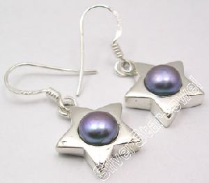 925 Sterling Silver GREY PEARL STAR Dangle Earrings