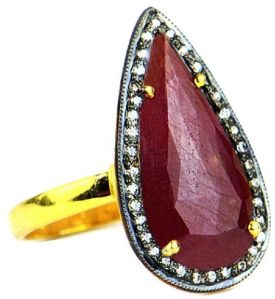 Red Sapphire With CZ Pear Shape Gold Plated over 925 Sterling Silver Ring