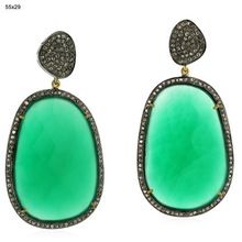 Natural Green Onyx Gemstone Pave Diamond Handmade Fashion Dangle Earrings