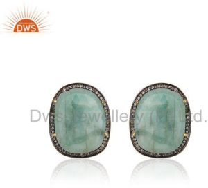 14k Gold Plated 925 Silver Pave Diamond And Emerald Gemstone Cufflinks For Mens