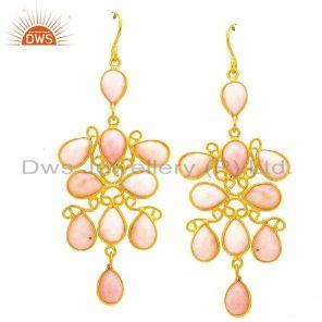 18k Gold Plated Sterling Silver Pink Opal Dangle Earrings Womens Jewelry