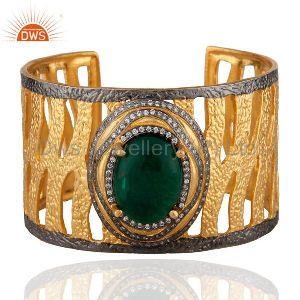 22K Yellow Gold Plated Brass Green Glass And CZ Hammered Wide Cuff Bracelet