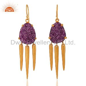 24K Yellow Gold Plated Brass Purple Druzy Agate Multi Spike Chandelier Earrings