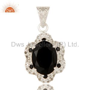 925 Sterling Silver Black Spinel White Topaz Gemstone Pendant