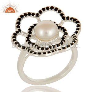 925 Sterling Silver Natural White Pearl Cocktail Flower Ring