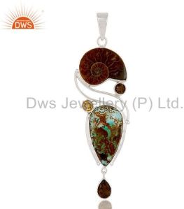 Ammonite, Turquoise, Citrine & Smokey Topaz 925 Sterling Silver Pendant